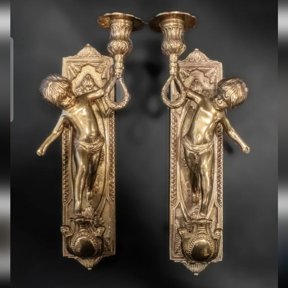 Lancini Italian Antique Brass Cherub Wall Sconce Candle Holders - Picture 2 of 11